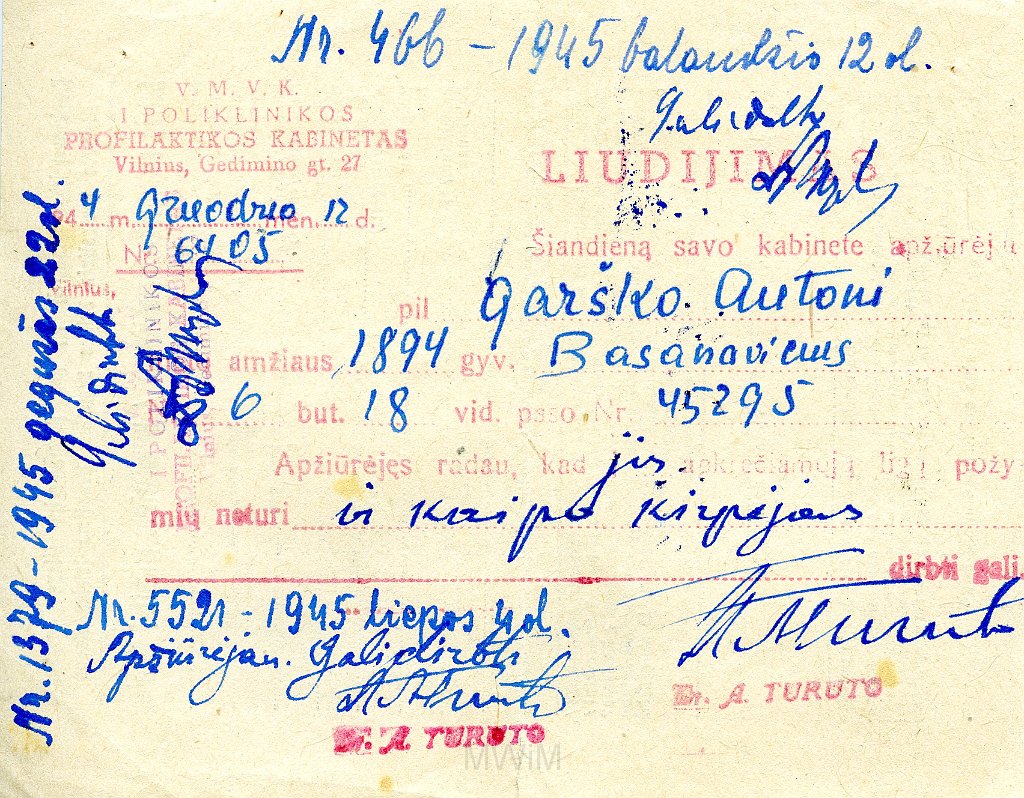 KKE 5718.jpg - (litewski) Dok. Potwierdzenie odbycia leczenia przez Antoniego Graszko, Wilno, 28 IV 1945 r.